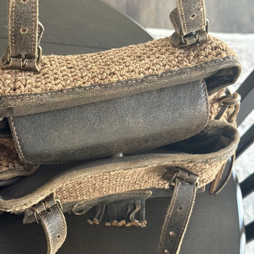Bonfanti Purse Crochet Wool Knit Handbag Brown Leather Bag Indie‎ Hippie Italy